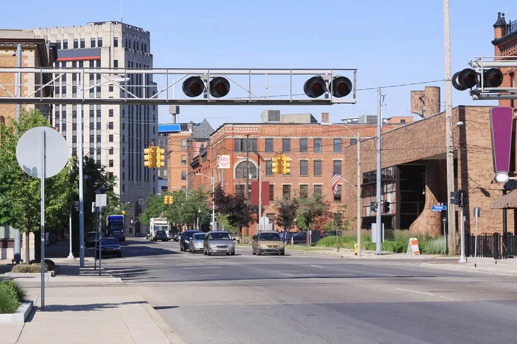 The railroad intersection of East Michigan Avenue in Kalamazoo, Michigan.